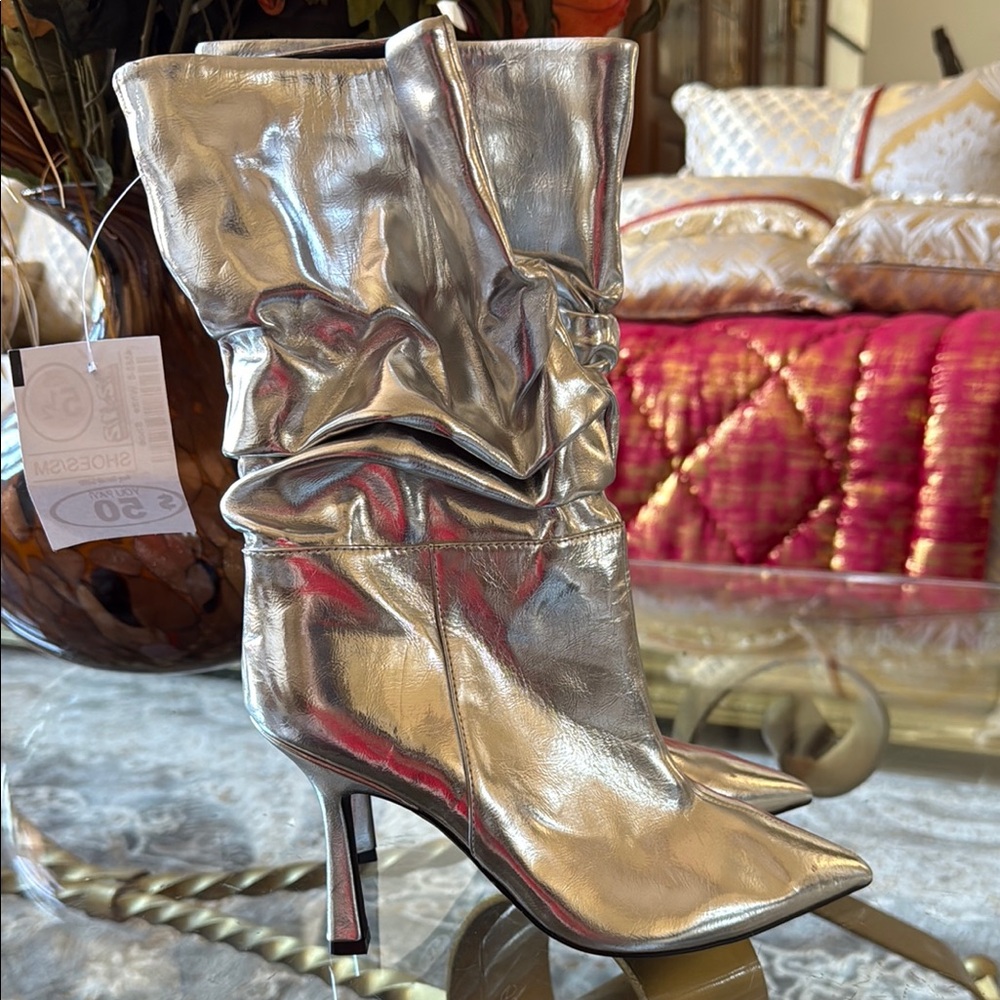 Silver Heeled Boots with Stiletto Heel and Metallic Sheen